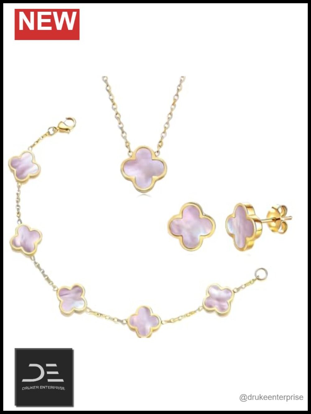 18K Gold Plated 3-Piece Clover Jewelry Set for Women Mother of Pearl Necklace